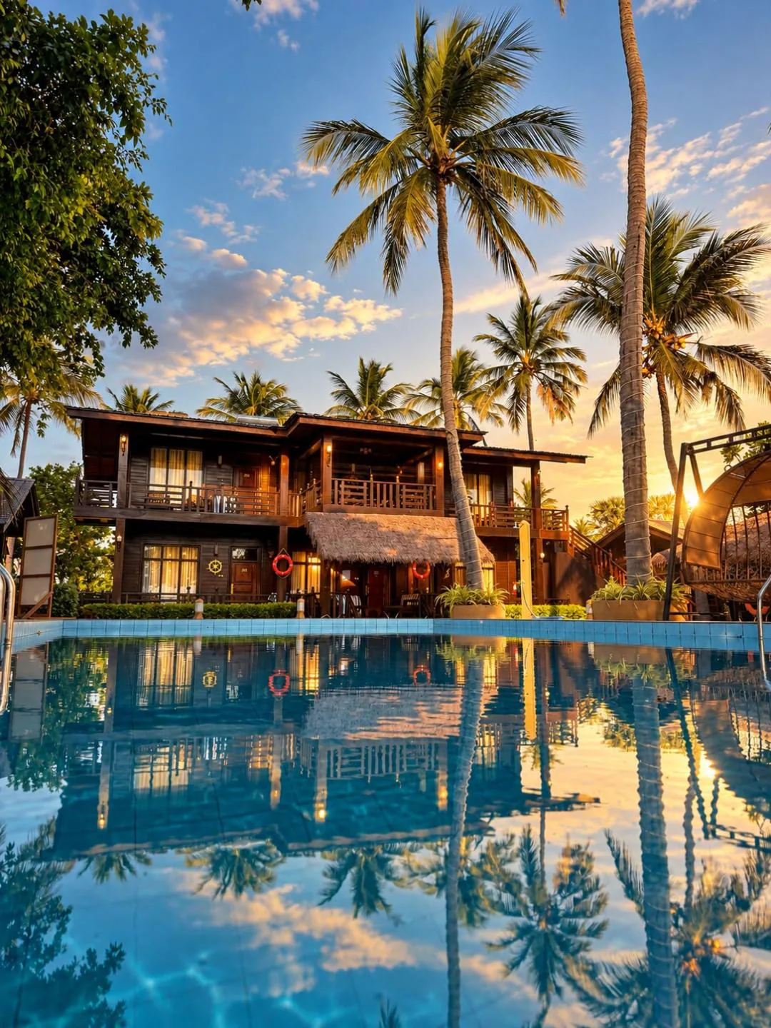 The two-storey timber building and palms reflected in the pool at sunset