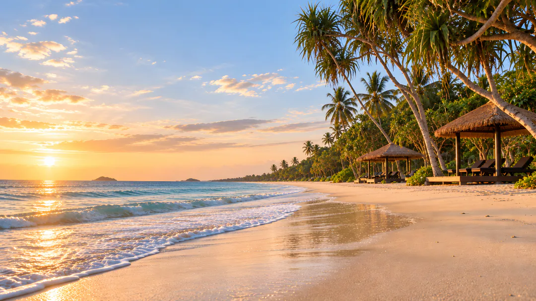 Sunrise over the sea from a palm-lined beach with thatched shades