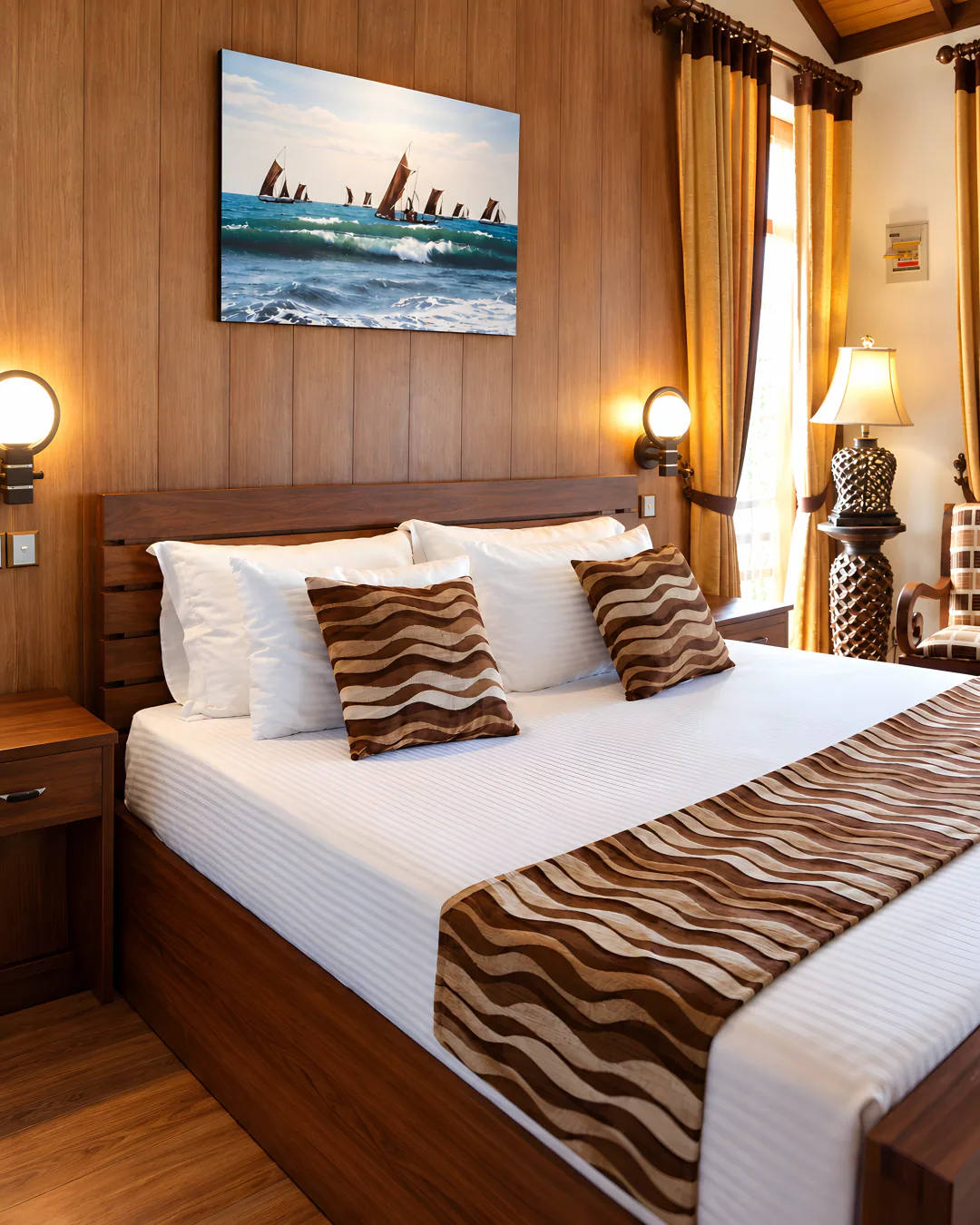 King room with a large bed and timber walls