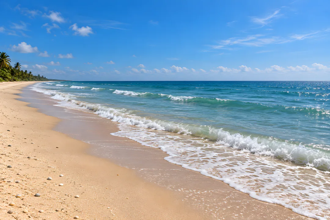 Small breaking waves washing onto a broad sandy beach, with the open Indian Ocean beyond