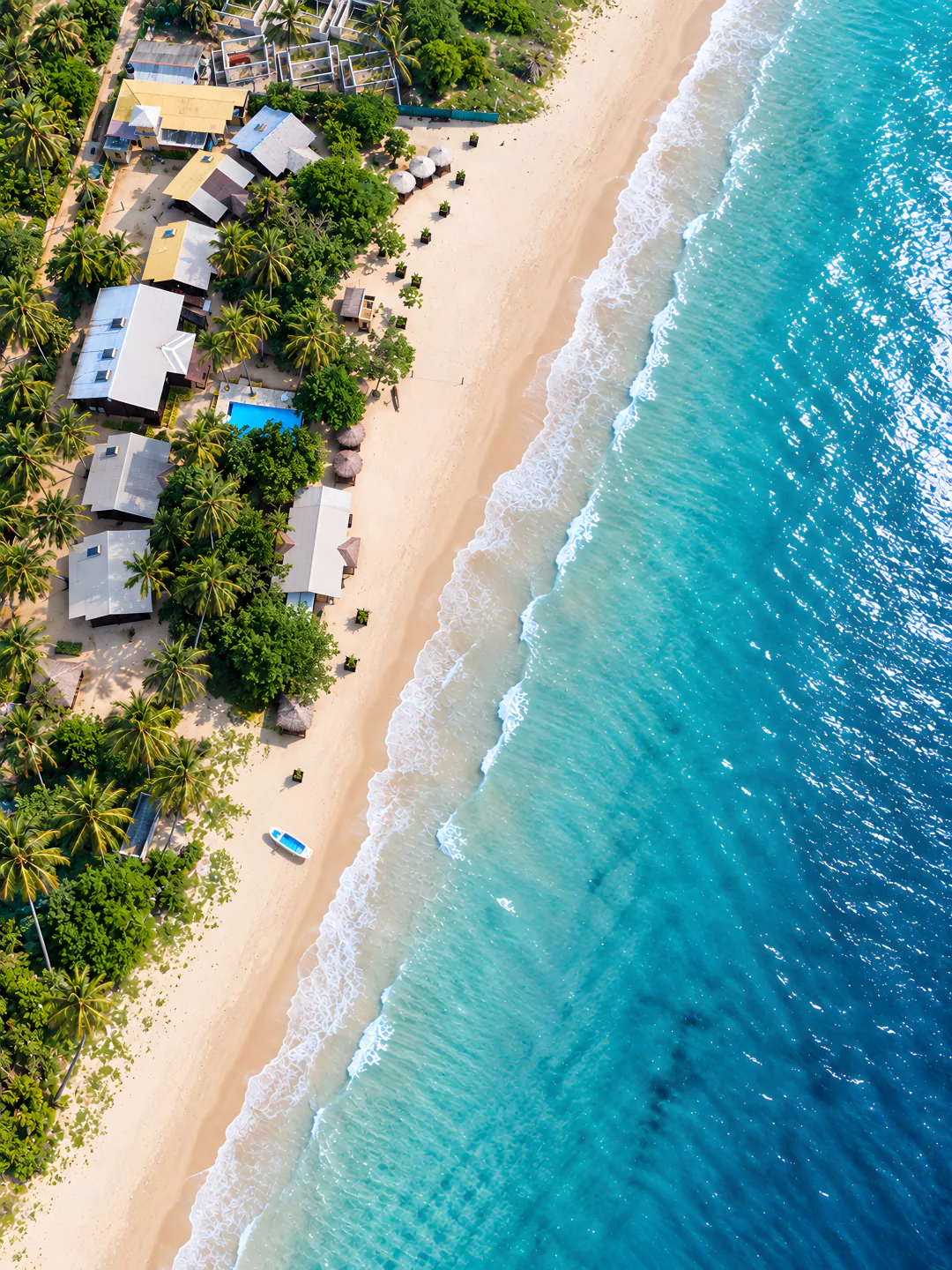 The Nilaveli shoreline from above: cabanas among the palms, white sand and turquoise water