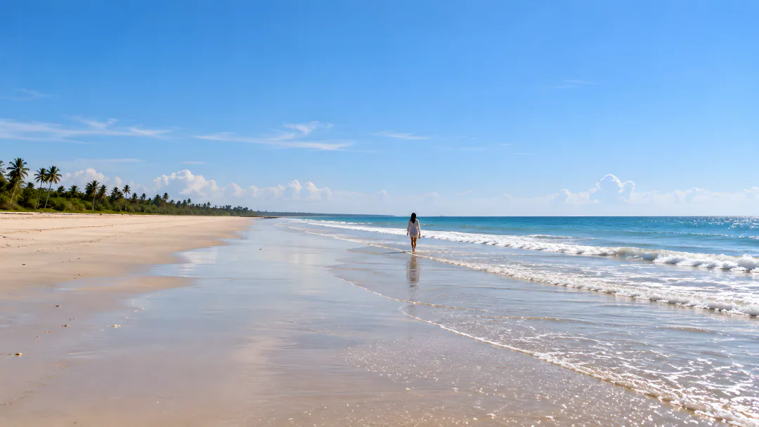 A long empty beach with a lone figure at the waterline